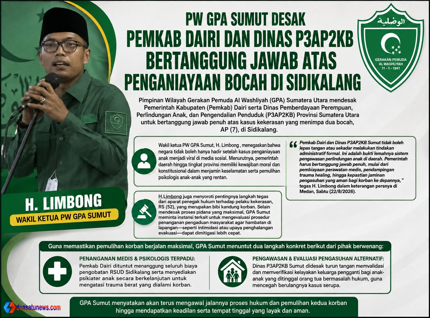 PW GPA Sumut Desak Pemkab Dairi dan Dinas P3AP2KB Bertanggung Jawab Atas Penganiayaan Bocah di Sidikalang